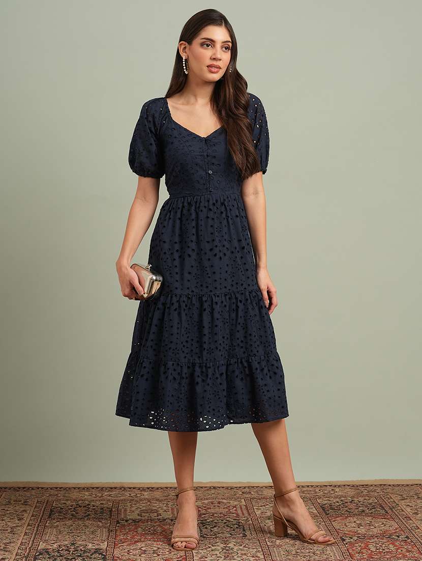 globus women navy blue sweetheart neck puff sleeves self design schiffli tiered a-line midi resort dress