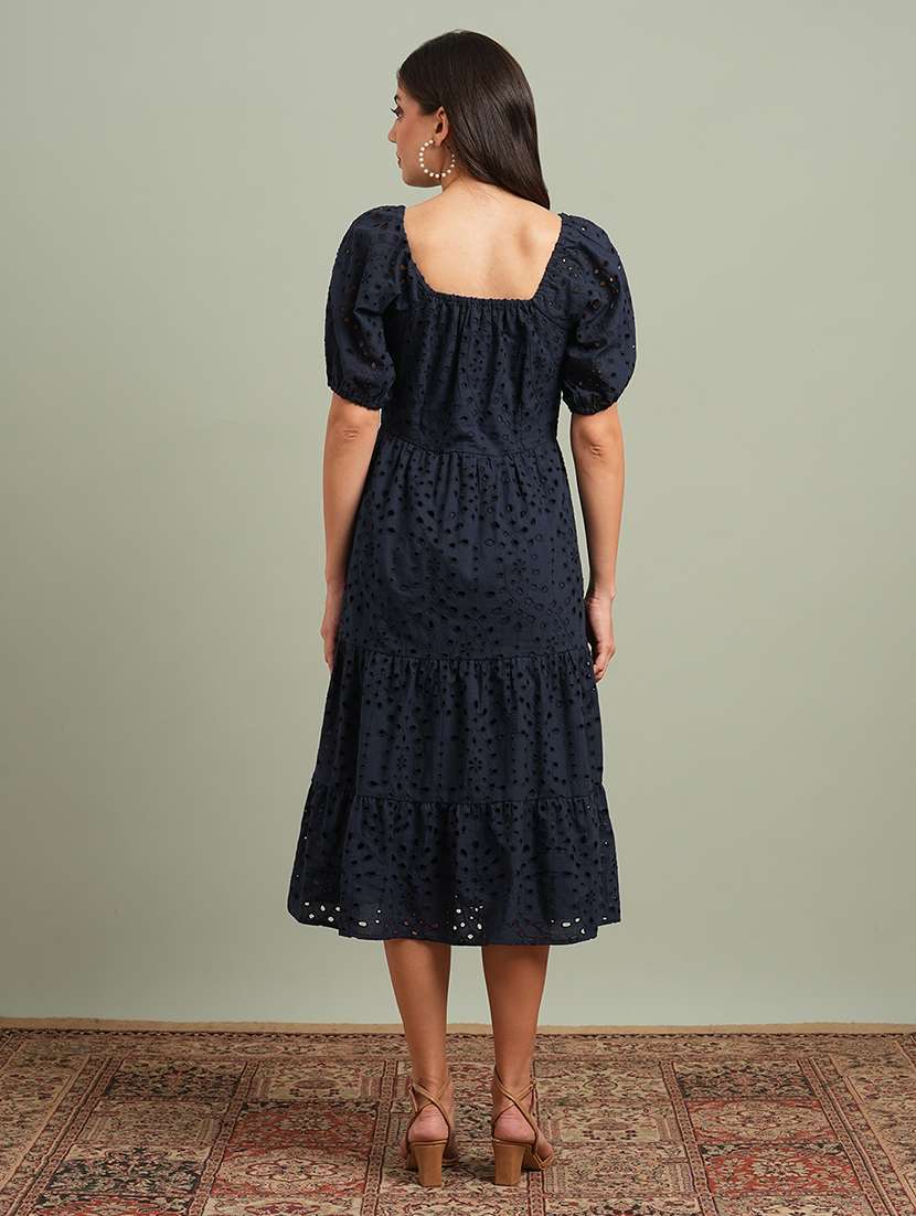 globus women navy blue sweetheart neck puff sleeves self design schiffli tiered a-line midi resort dress - 21943138 -  Standard Image - 2
