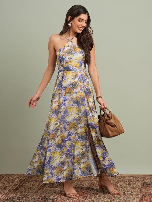 globus women yellow abstract print halter neck flared hem a-line maxi resort dress - 21943143 -  Standard Image - 0