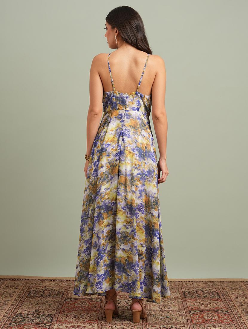 globus women yellow abstract print halter neck flared hem a-line maxi resort dress - 21943143 - Standard Image - 2