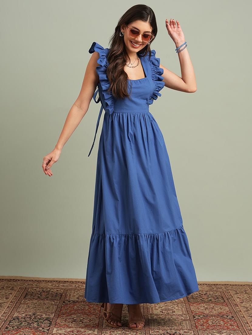 globus women blue square neck solid ruffles & tie-up detail tiered fit & flare maxi resort dress - 21943144 -  Zoom Image - 0