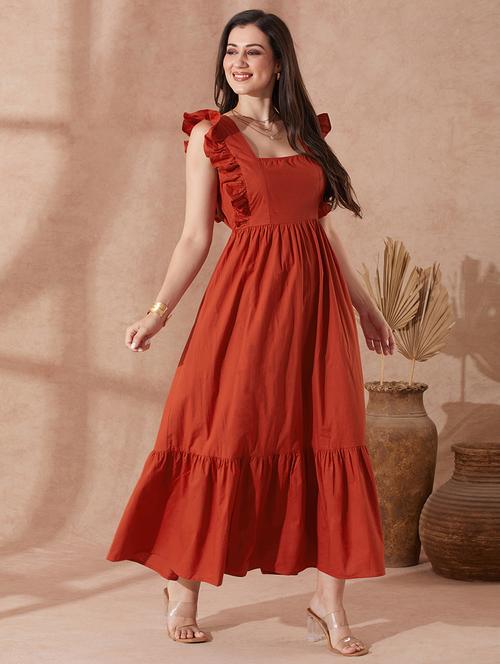 globus women rust square neck solid ruffles & tie-up detail tiered fit & flare maxi resort dress - 21943145 -  Standard Image - 0