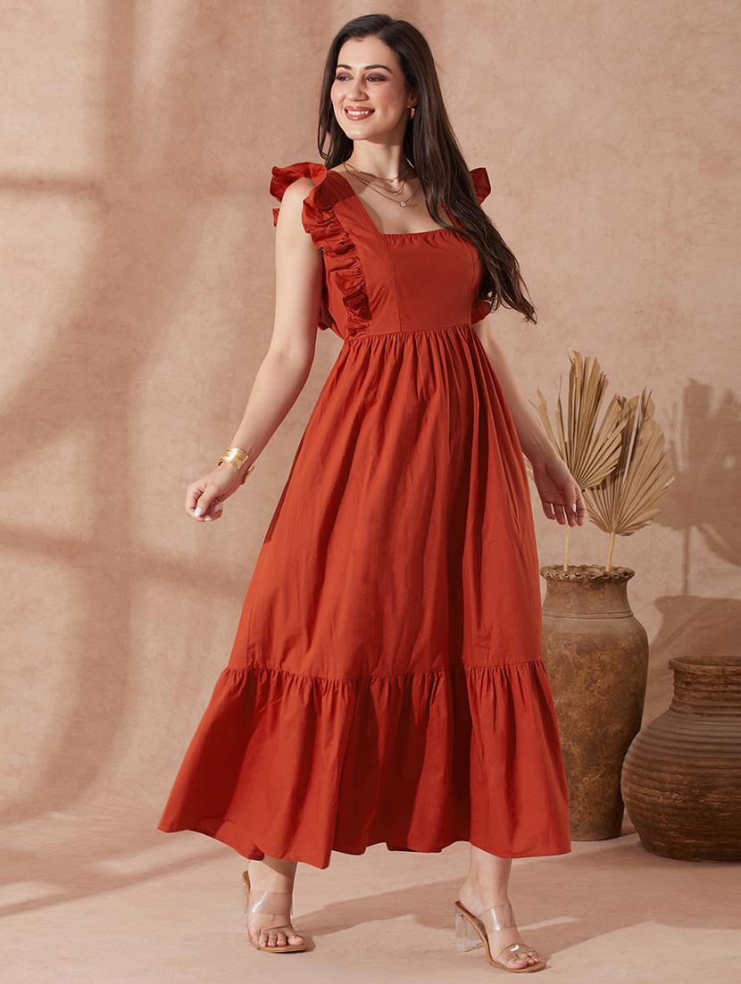 globus women rust square neck solid ruffles & tie-up detail tiered fit & flare maxi resort dress - 21943145 -  Zoom Image - 0