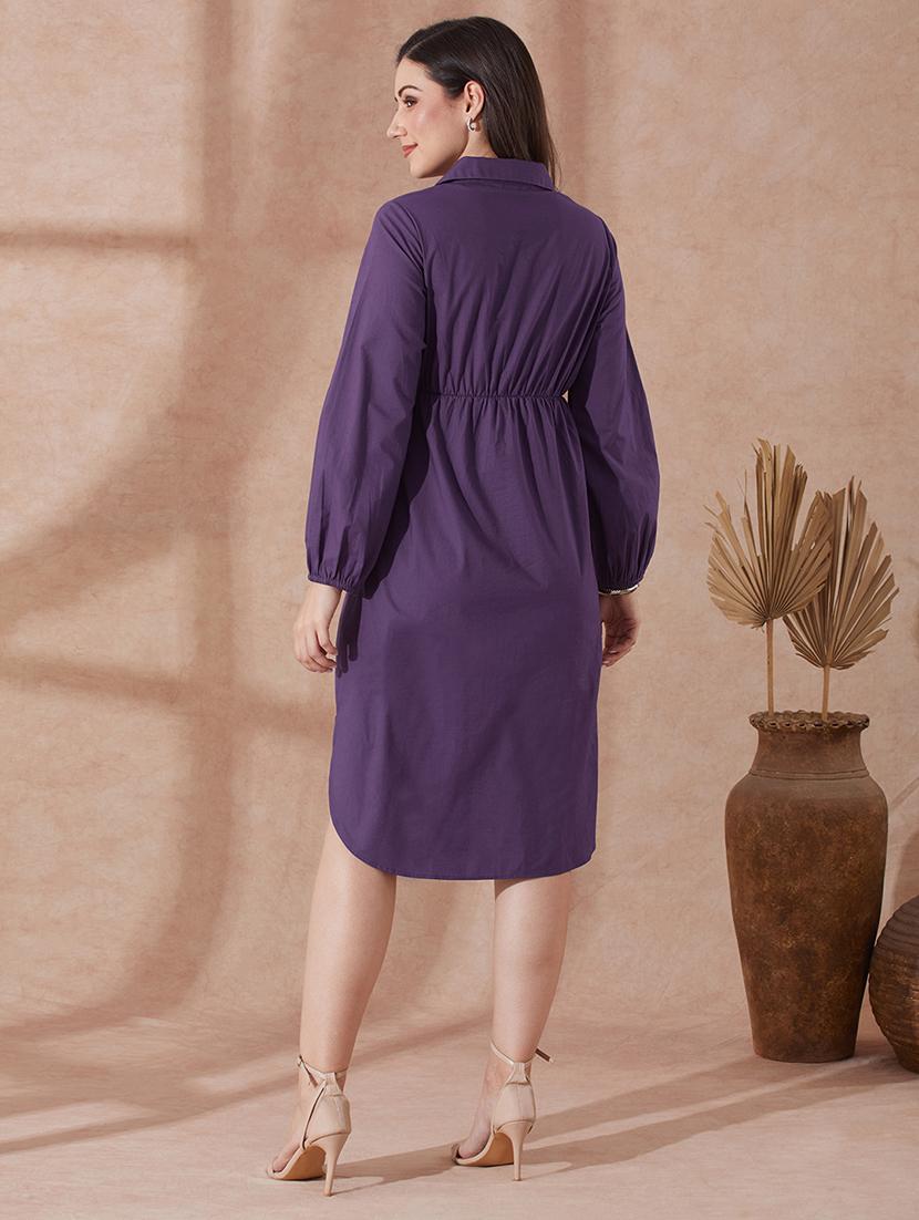 globus women mauve collared neck bishop sleeves solid twist knot detail midi workwear shirt dress - 21943146 - Standard Image - 2