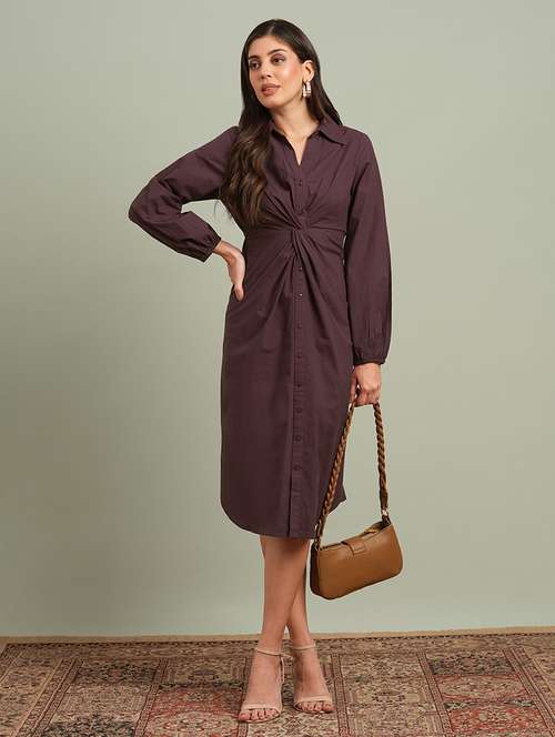 globus women brown collared neck bishop sleeves solid twist knot detail midi workwear shirt dress - 21943147 - Standard Image - 0