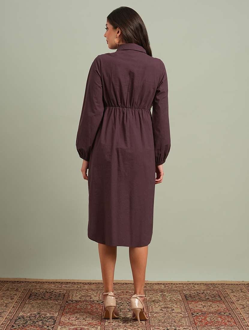 globus women brown collared neck bishop sleeves solid twist knot detail midi workwear shirt dress - 21943147 - Standard Image - 2