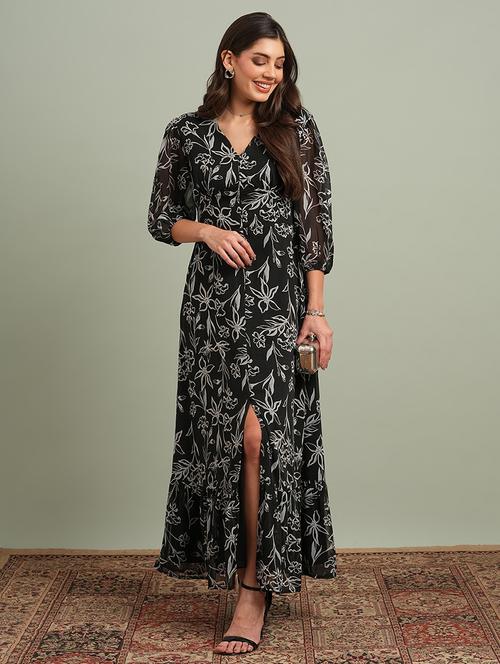 globus women black v-neck puff sleeves floral print front slit smocked fit & flare maxi resort dress - 21943149 -  Standard Image - 0