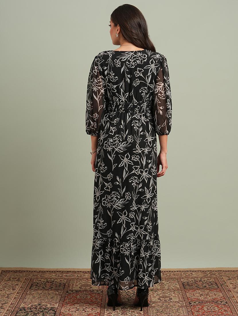 globus women black v-neck puff sleeves floral print front slit smocked fit & flare maxi resort dress - 21943149 - Standard Image - 2