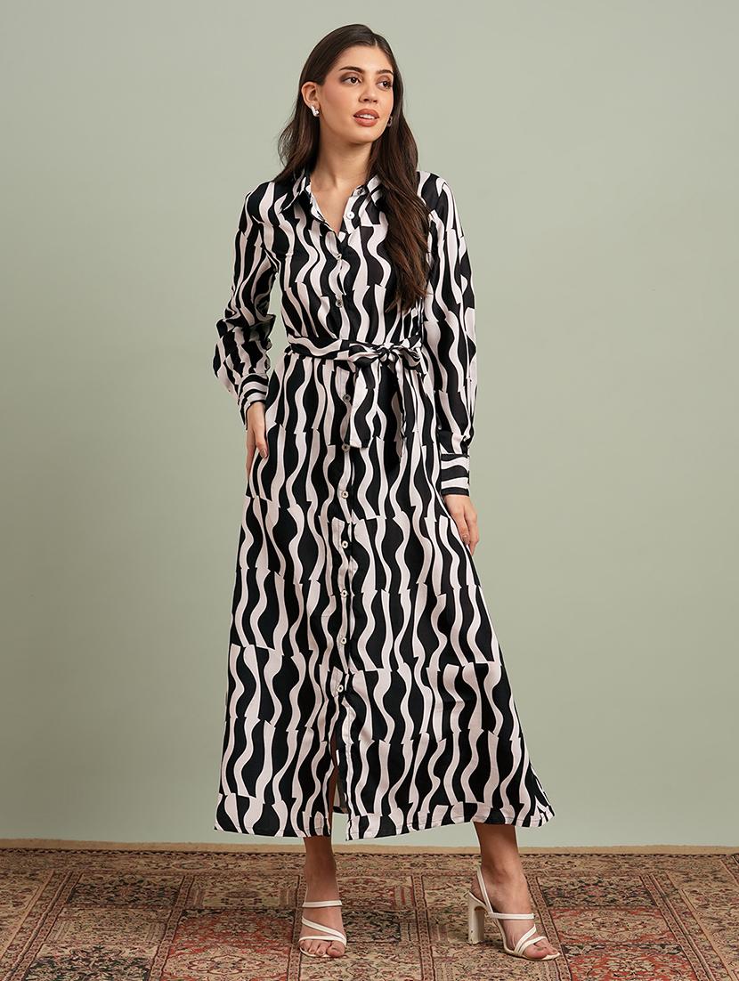 globus women black collared neck cuffed sleeves abstract print maxi workwear shirt dress with belt - 21943150 - Zoom Image - 0