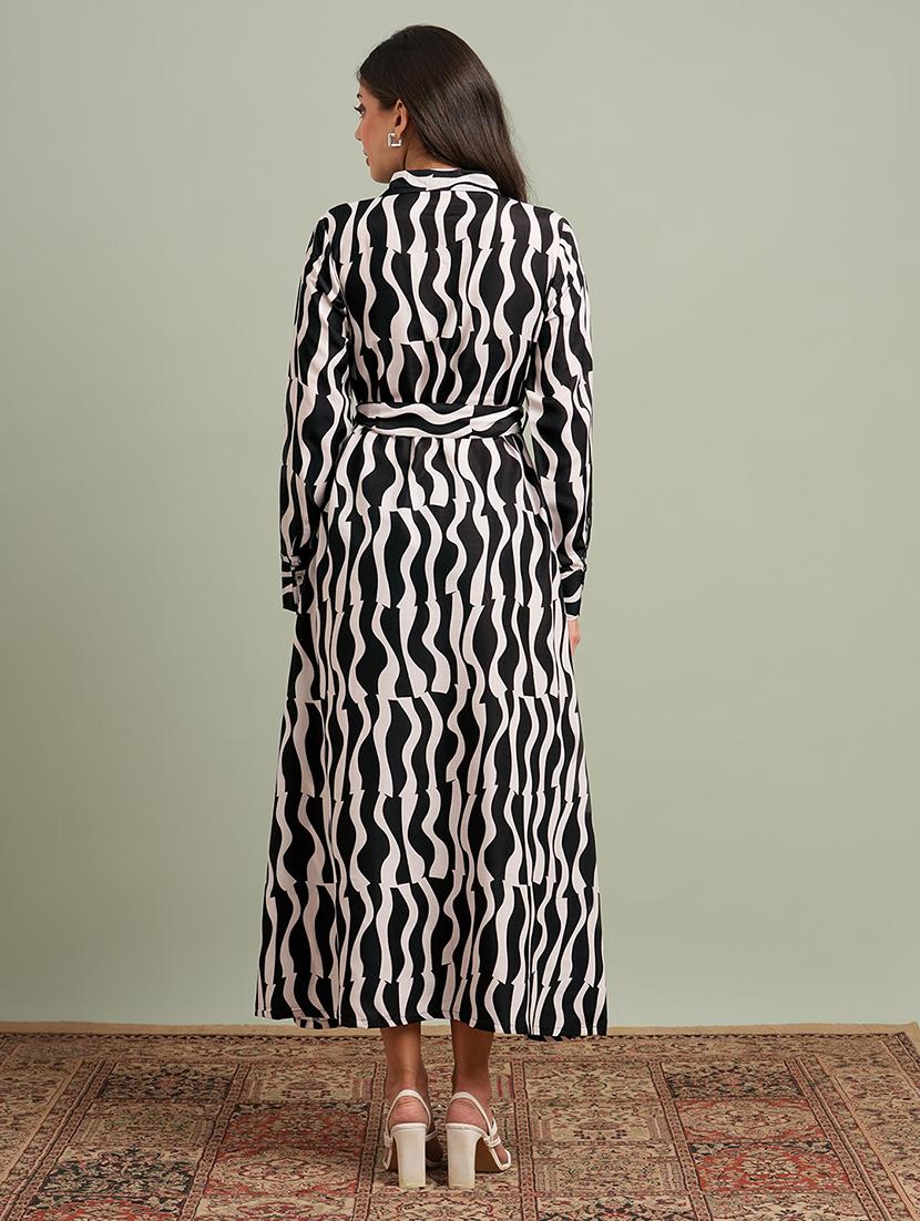 globus women black collared neck cuffed sleeves abstract print maxi workwear shirt dress with belt - 21943150 - Standard Image - 2