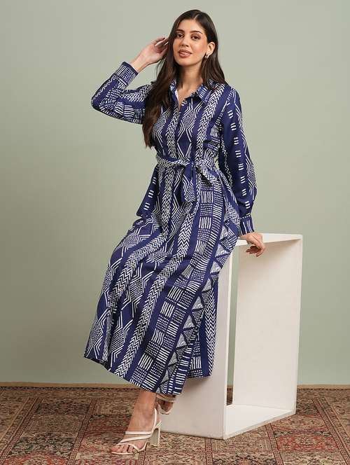 globus women blue collared neck cuffed sleeves maxi workwear shirt dress with belt - 21943151 - Standard Image - 0