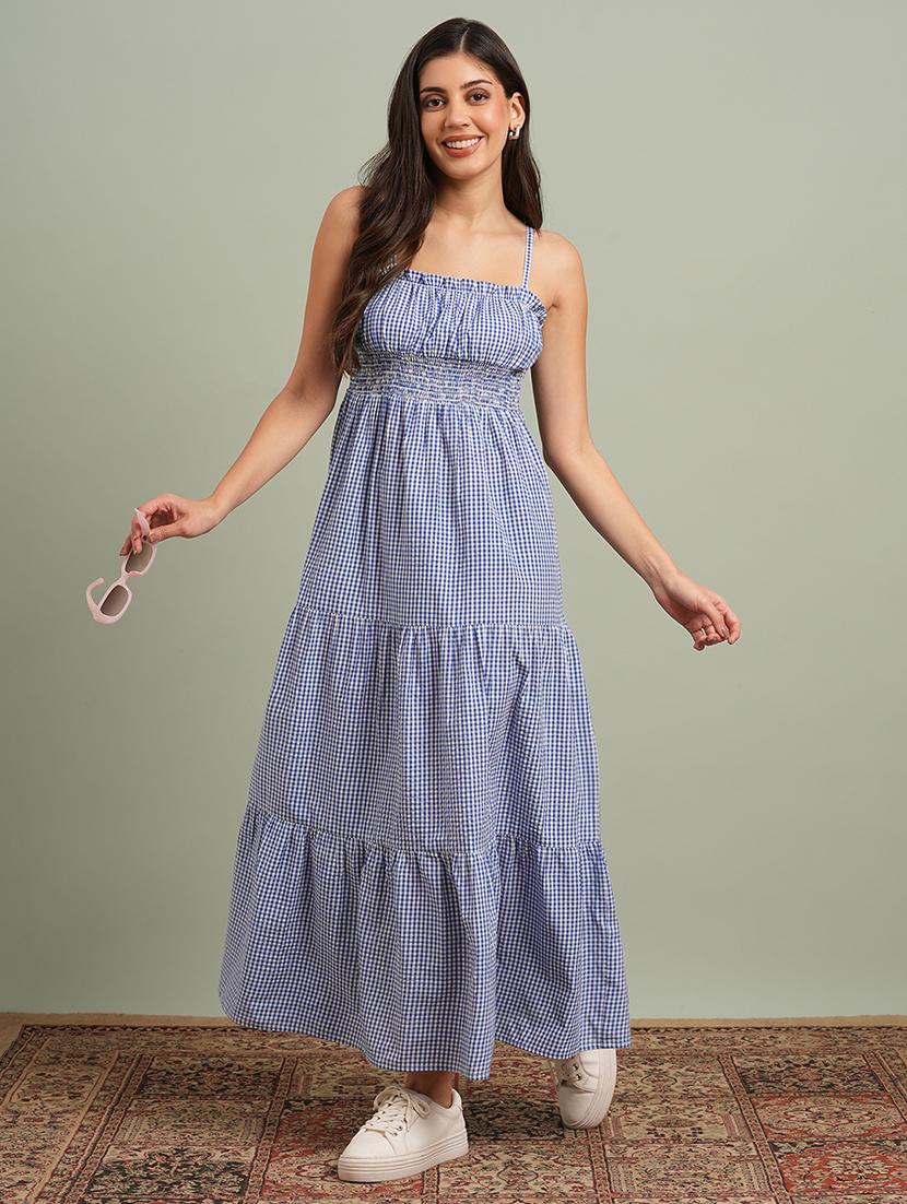 globus women blue square neck strappy shoulder gingham checks smocked tiered fit & flare maxi resort dress - 21943152 - Zoom Image - 0