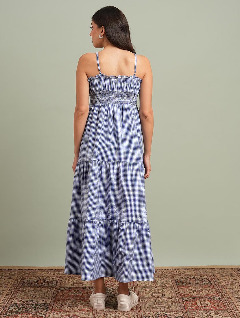 globus women blue square neck strappy shoulder gingham checks smocked tiered fit & flare maxi resort dress - 21943152 - Standard Image - 2