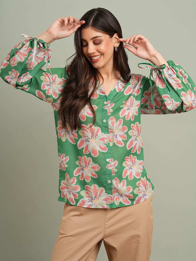globus women green floral print v-neck bishop sleeves shirt style top - 21943196 - Zoom Image - 0