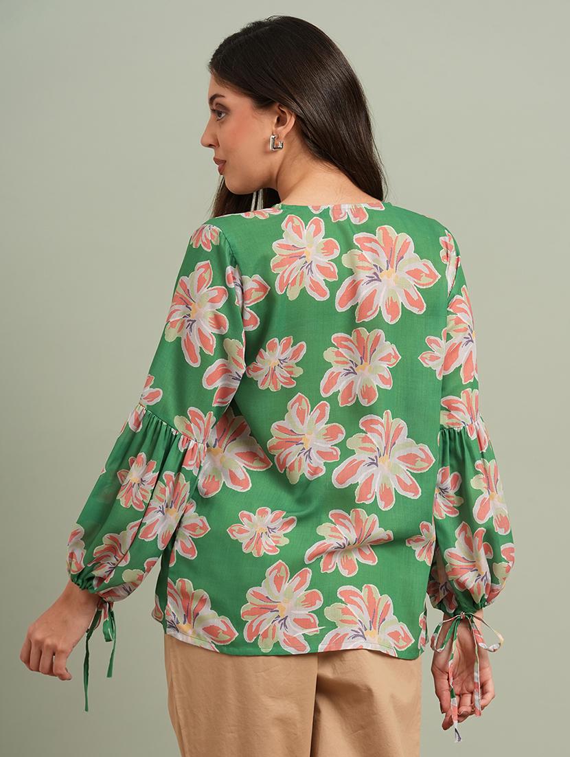 globus women green floral print v-neck bishop sleeves shirt style top - 21943196 - Standard Image - 2