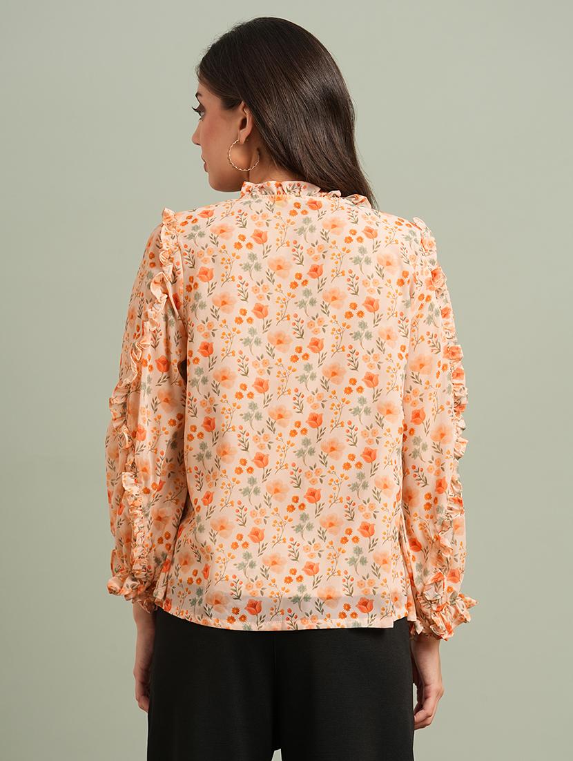 globus women orange floral print bishop sleeves tie-up round neck ruffle detail top - 21943197 - Standard Image - 2