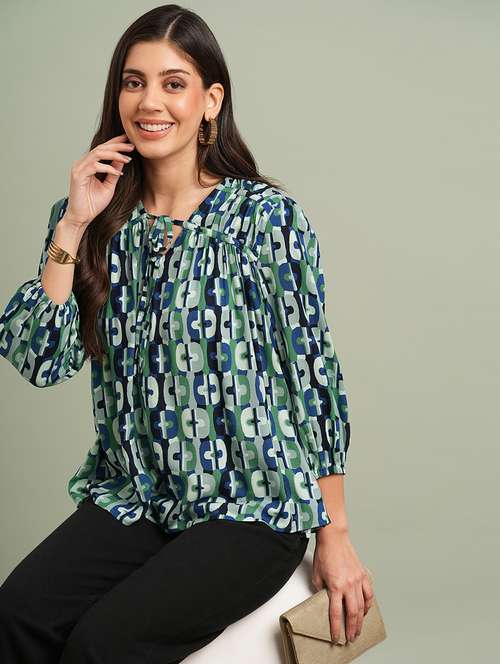 globus women green v-neck bishop sleeves abstract print tie up detailing top - 21943200 - Standard Image - 0