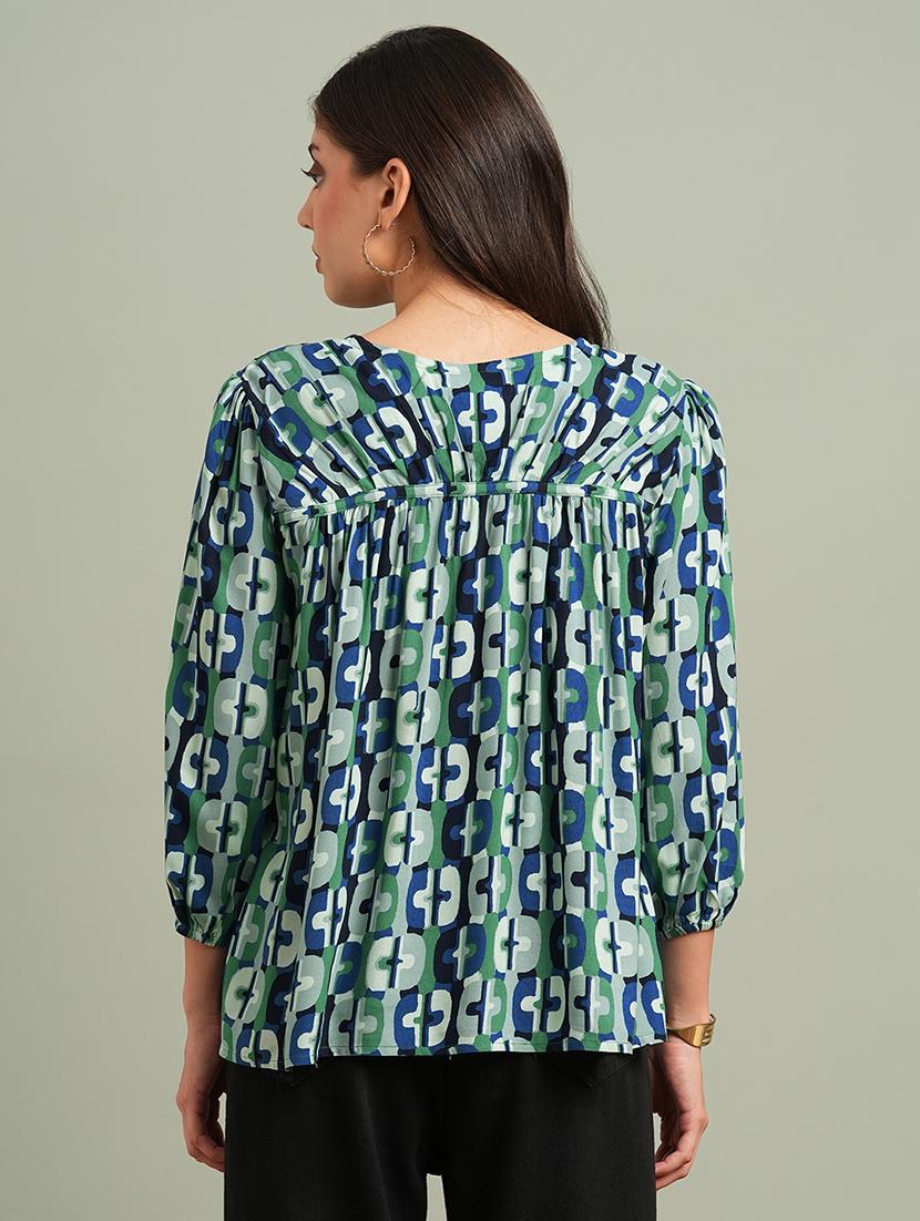 globus women green v-neck bishop sleeves abstract print tie up detailing top - 21943200 - Standard Image - 2