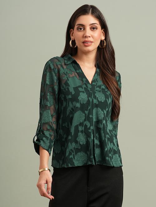 globus women green collared v-neck roll-up sleeves floral self design shirt style top - 21943201 -  Standard Image - 0