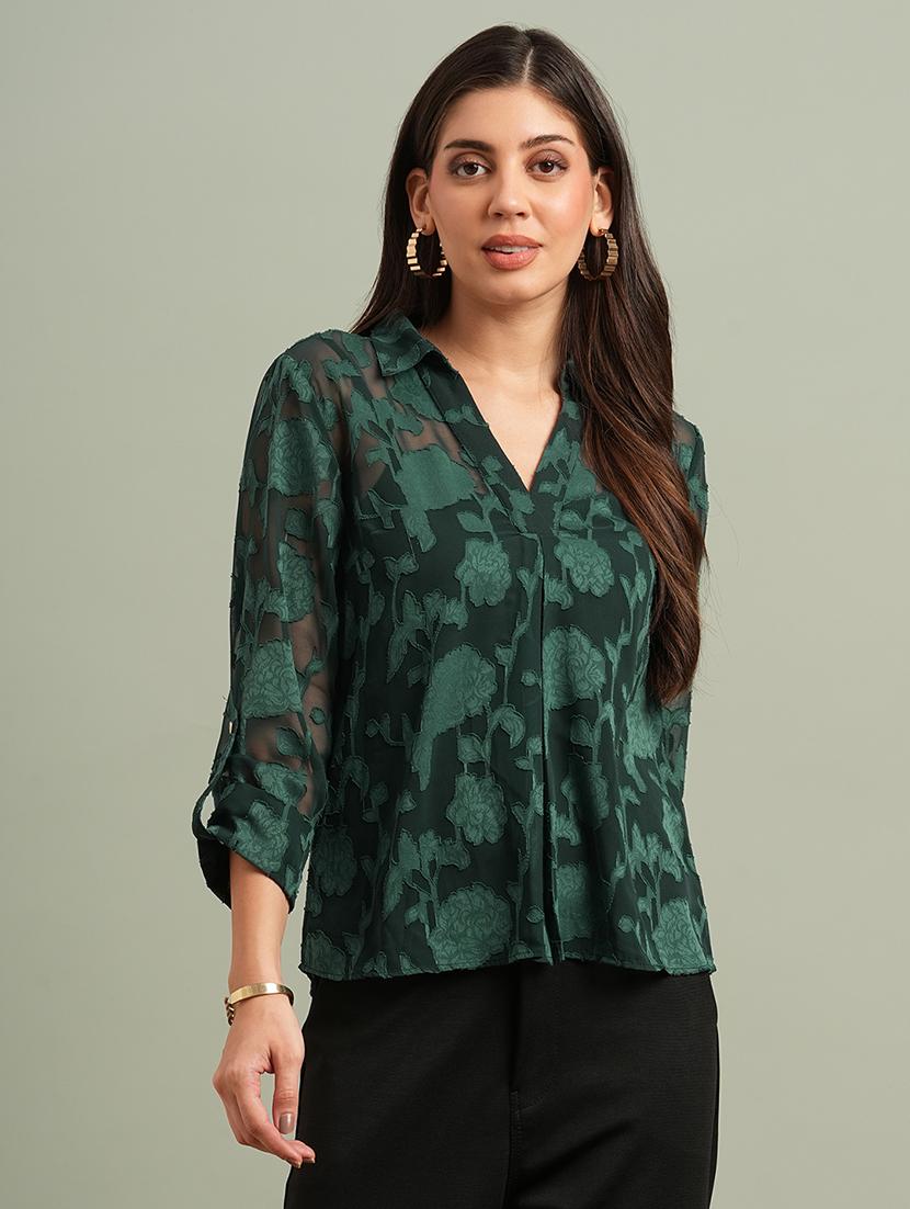 globus women green collared v-neck roll-up sleeves floral self design shirt style top - 21943201 -  Zoom Image - 0