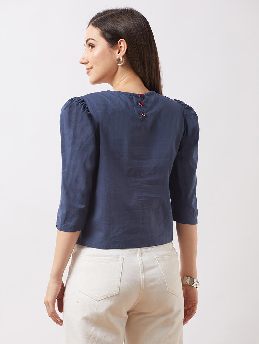 globus women blue puff sleeves floral embroidered gathered detail top - 21943202 - Standard Image - 2