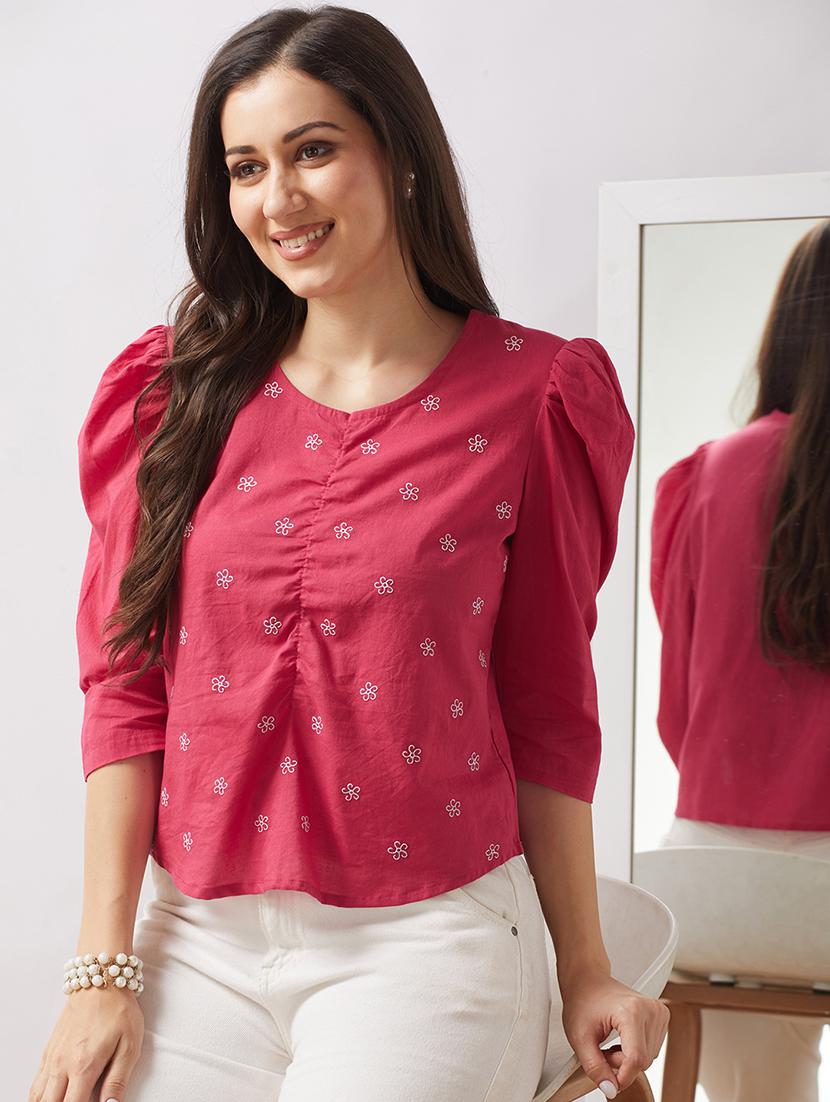 globus women pink puff sleeves floral embroidered gathered detail top - 21943203 -  Zoom Image - 0