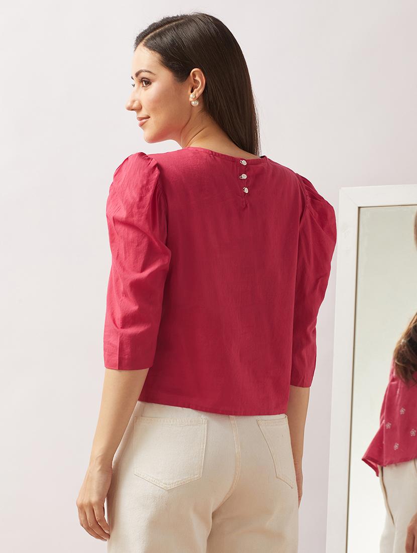 globus women pink puff sleeves floral embroidered gathered detail top - 21943203 - Standard Image - 2