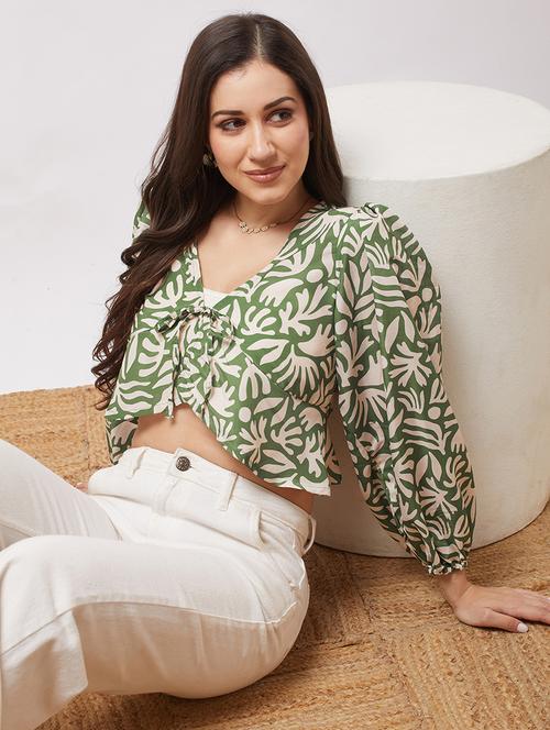 globus women green v-neck bishop sleeves abstract print tie-up detail crop top - 21943207 -  Standard Image - 0