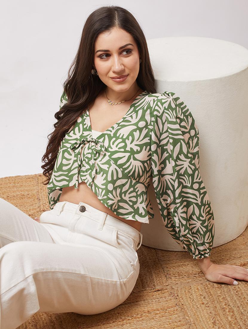 globus women green v-neck bishop sleeves abstract print tie-up detail crop top - 21943207 -  Zoom Image - 0