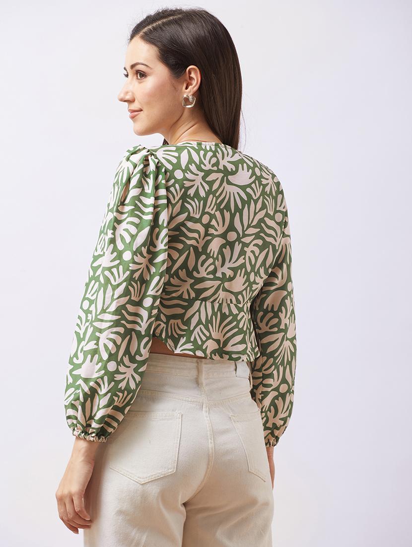 globus women green v-neck bishop sleeves abstract print tie-up detail crop top - 21943207 - Standard Image - 2