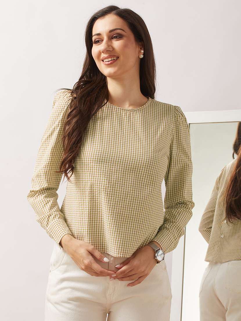 globus women neo mint checkered back button detailing cuffed sleeves curved hem shirt style top