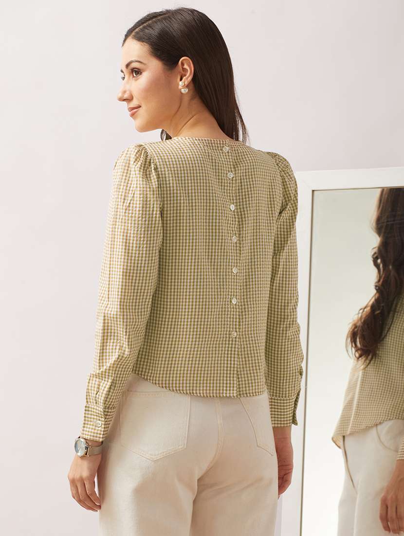 globus women neo mint checkered back button detailing cuffed sleeves curved hem shirt style top - 21943210 -  Standard Image - 2