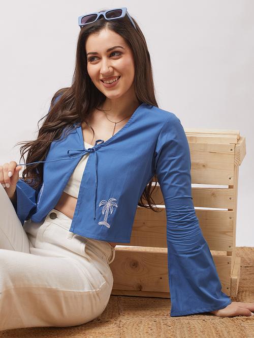 globus women blue tie-up v-neck bell sleeves embroidered detail front open crop top - 21943211 - Standard Image - 0