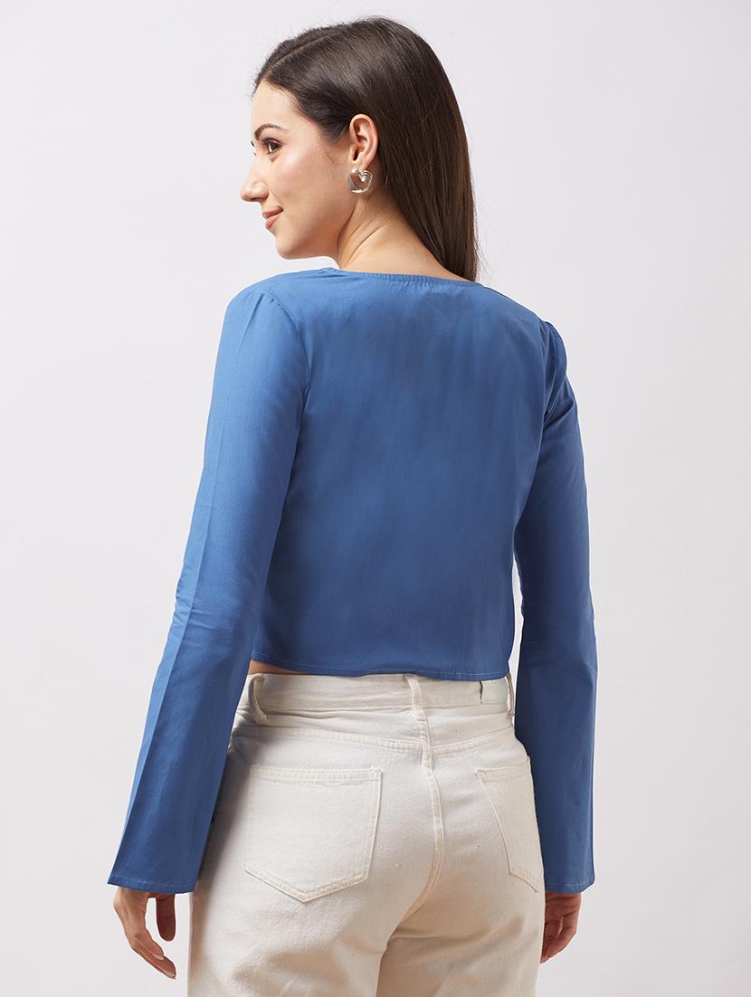 globus women blue tie-up v-neck bell sleeves embroidered detail front open crop top - 21943211 - Standard Image - 2