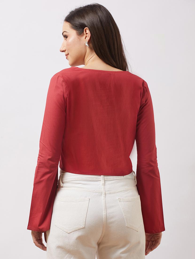 globus women red tie-up v-neck bell sleeves embroidered detail front open crop top - 21943212 - Standard Image - 2