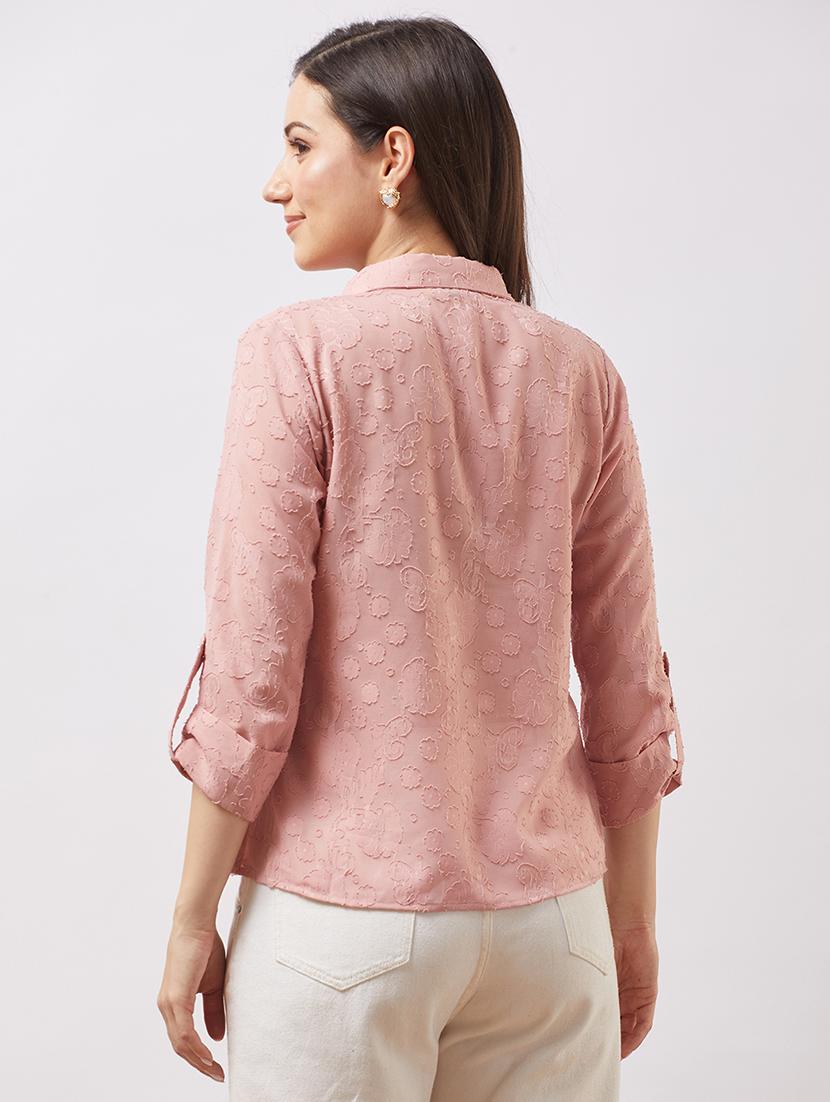globus women pink collared v-neck roll-up sleeves floral self design shirt style top - 21943215 - Standard Image - 2