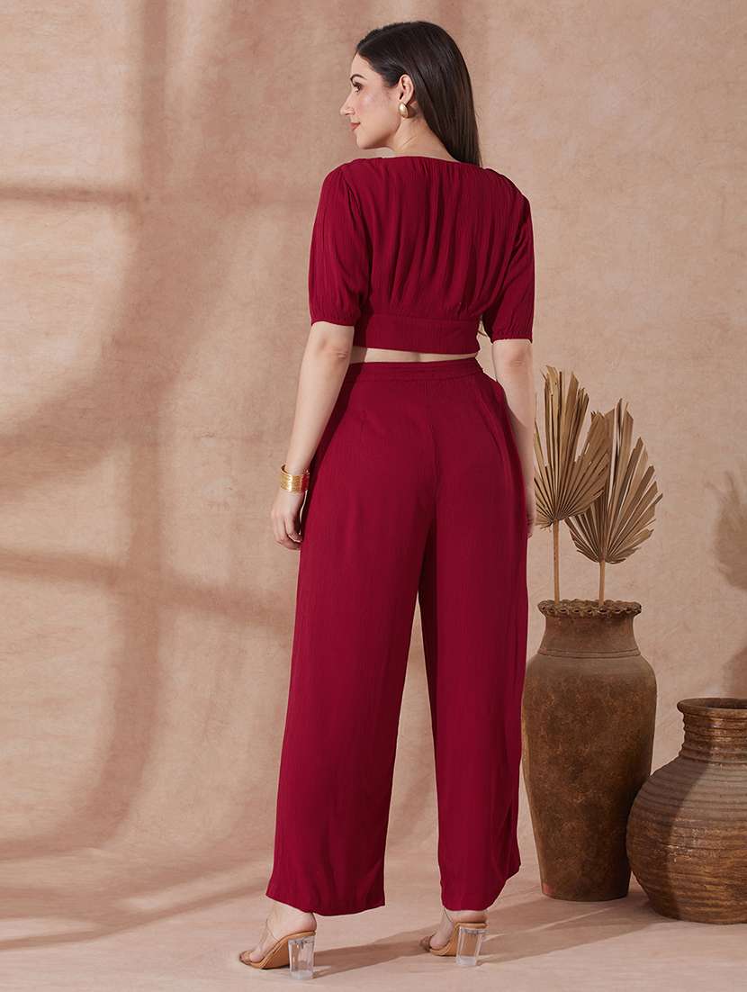 globus women pink v-neck solid button detail crop top with wide leg trousers co-ord set - 21943216 -  Standard Image - 2