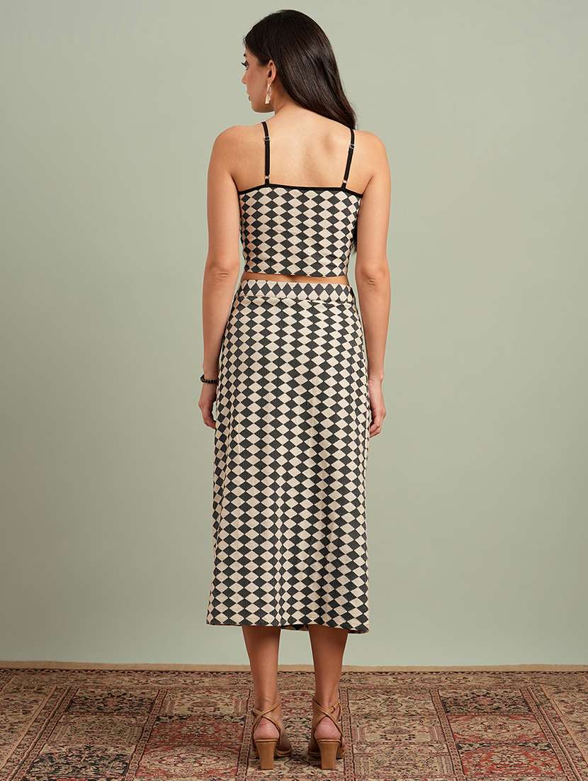 globus women black v-neck shoulder strap abstract print crop top with skirt resort co-ord set - 21943217 -  Standard Image - 2