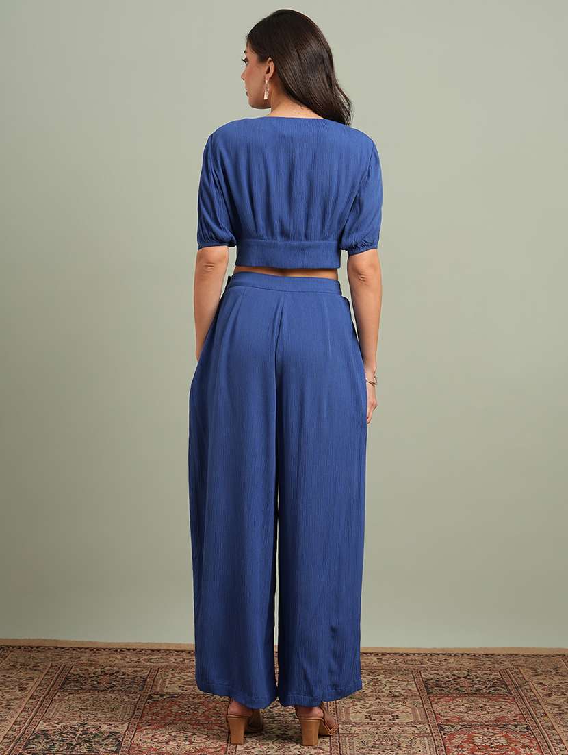 globus women blue v-neck solid button detail crop top with wide leg trousers co-ord set - 21943218 -  Standard Image - 2
