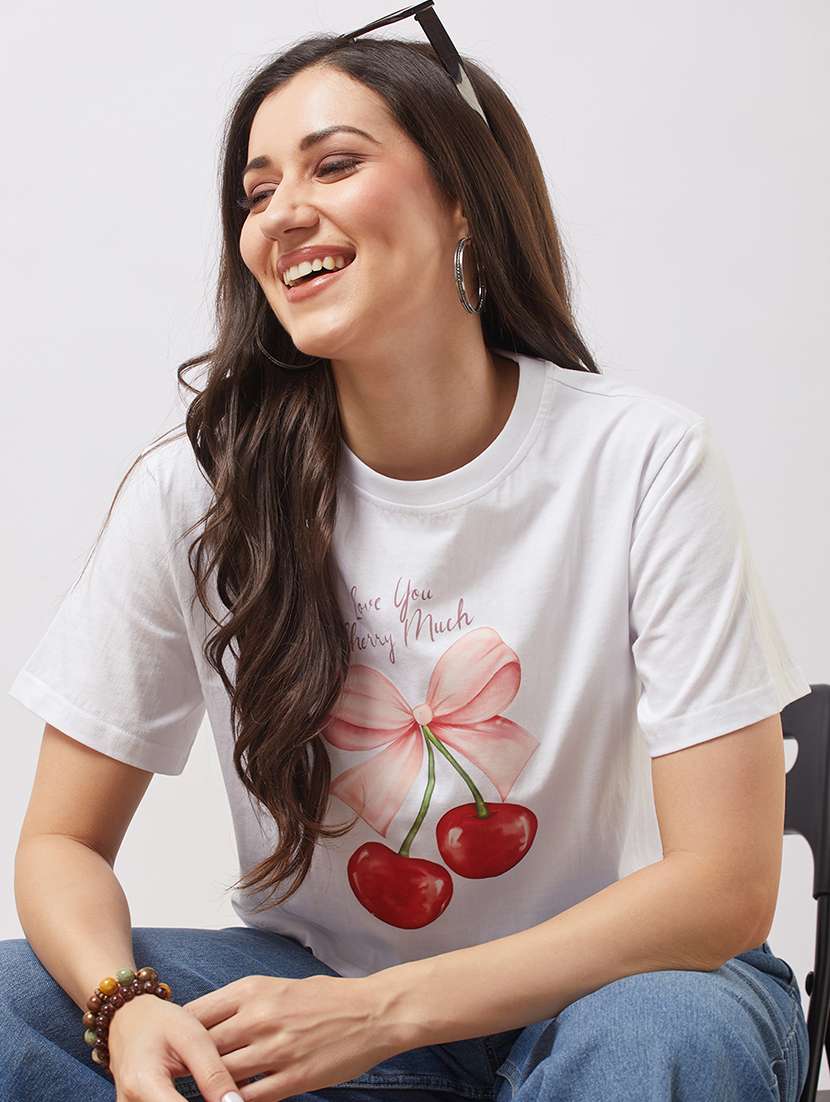 globus women white round neck short sleeves cherry print boxy t-shirt
