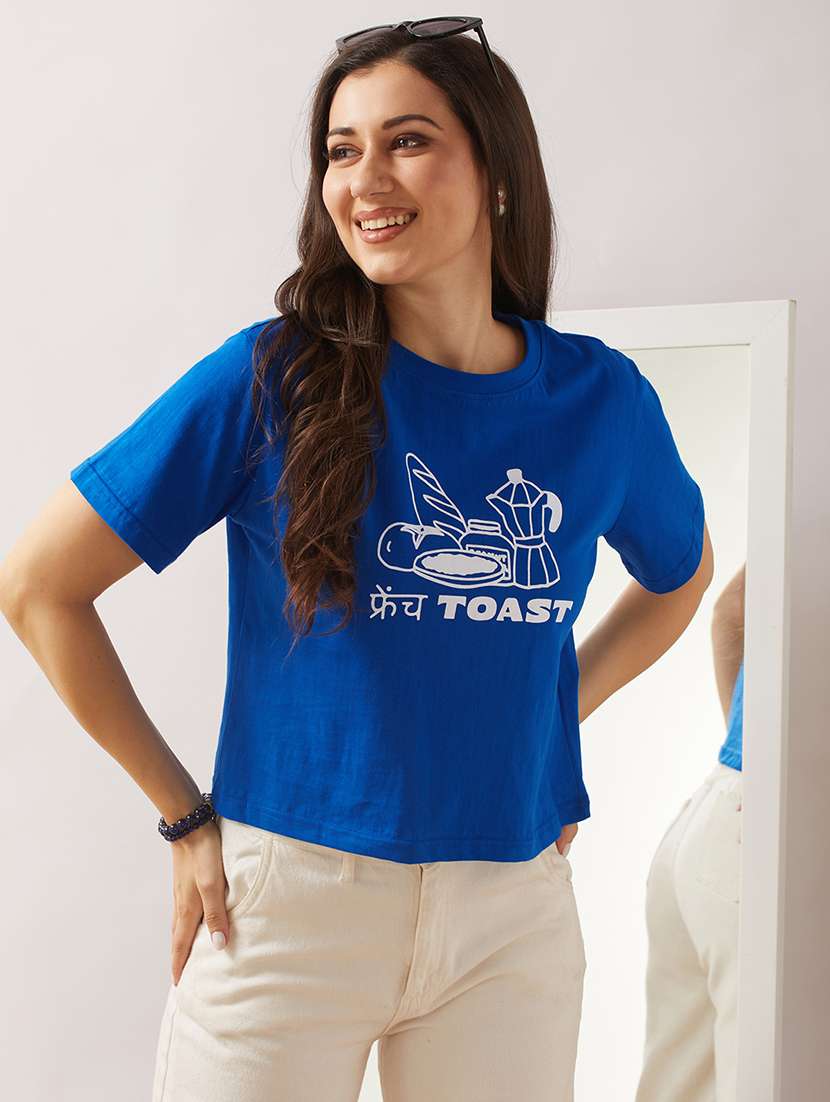 globus women blue round neck short sleeves graphic print boxy t-shirt