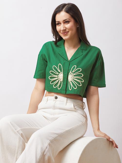 globus women green notch lapel drop shoulder sleeves embriodered detail boxy fit crop shirt - 21943262 -  Standard Image - 0