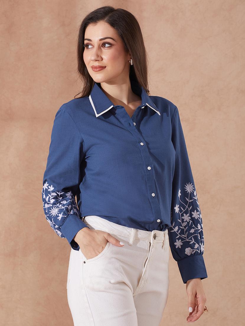 globus women blue collared neck floral embriodered cuff sleeves curved hem shirt - 21943263 -  Zoom Image - 0