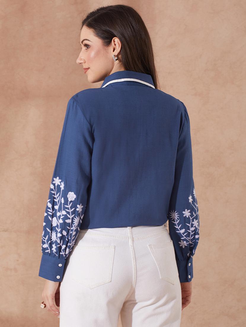 globus women blue collared neck floral embriodered cuff sleeves curved hem shirt - 21943263 - Standard Image - 2