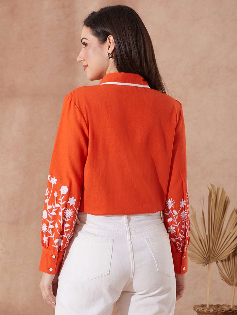 globus women rust collared neck floral embriodered cuff sleeves curved hem shirt - 21943264 -  Standard Image - 2