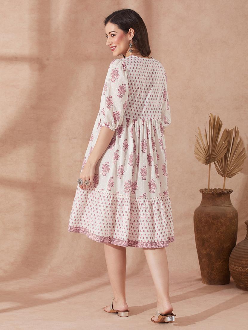 women pink puff sleeve tiered ethnic dress - 21943265 - Standard Image - 2