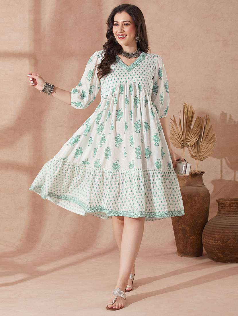 women green puff sleeve tiered ethnic dress