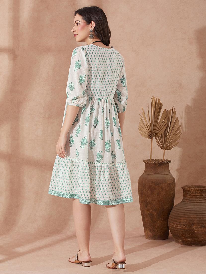 women green puff sleeve tiered ethnic dress - 21943266 - Standard Image - 2