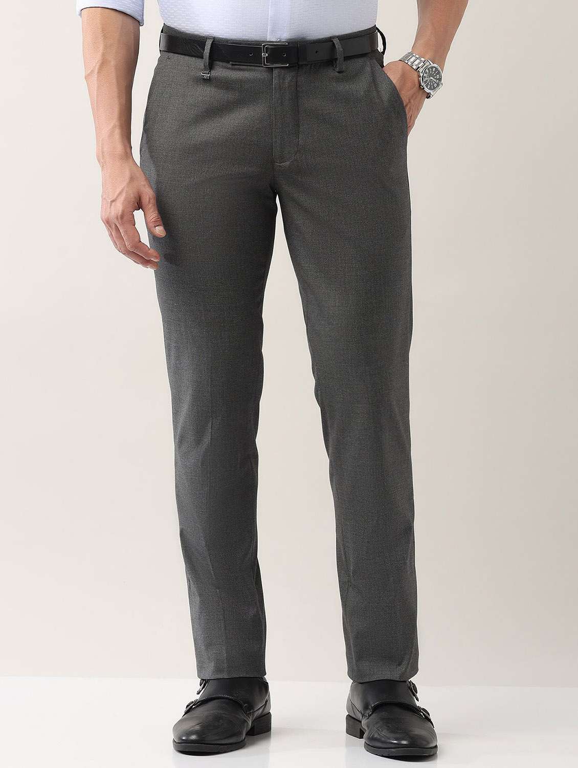 men solid mid rise flat front formal trouser