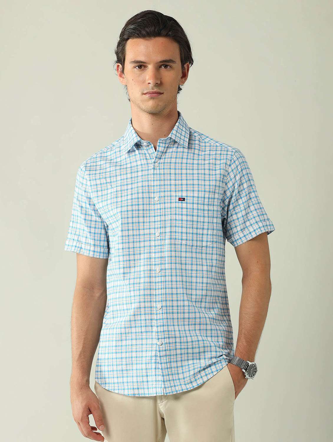 men checkered short sleeve regular fit casual shirt